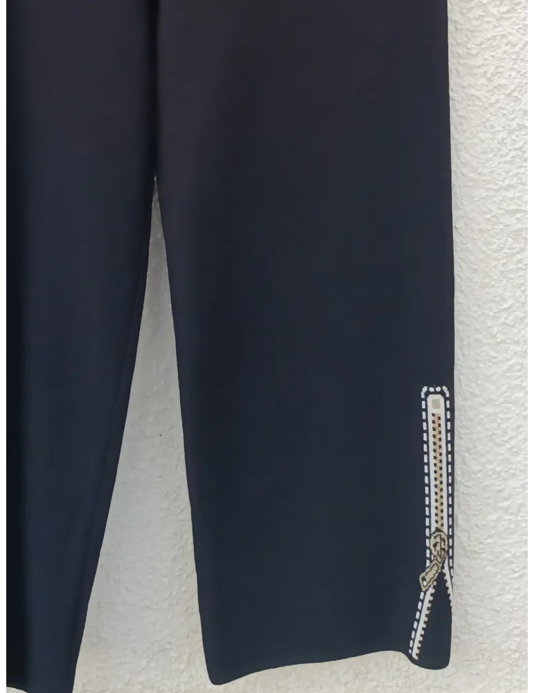 Black Wool Palazzo Trousers with Intarsia Detail