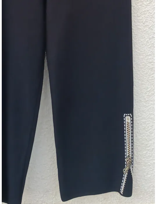 Piero Moretti Black Wool Jersey Palazzo Trousers with Intarsia Detail