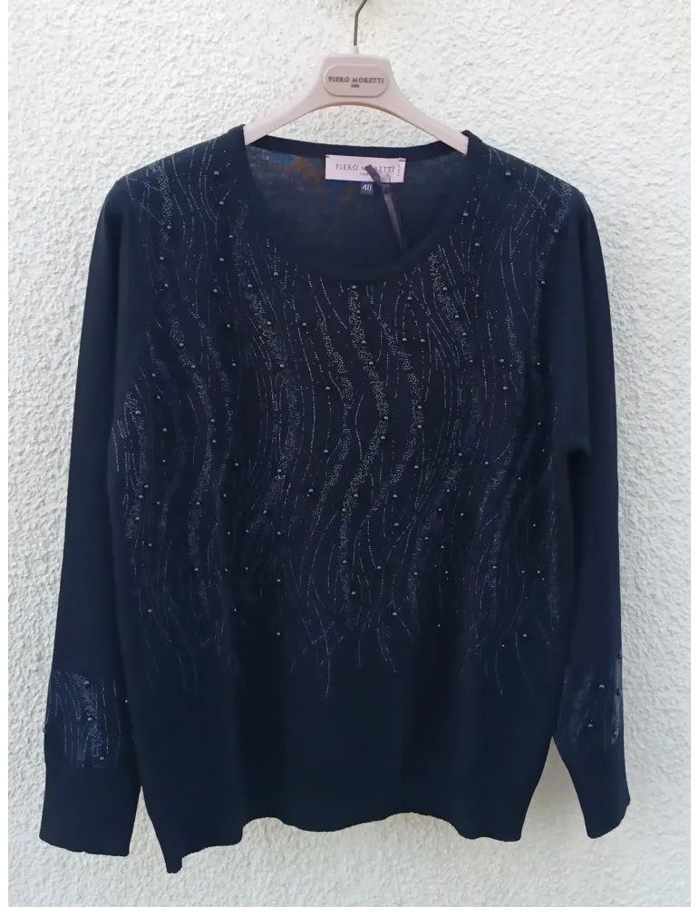 Black merino wool sweater with rhinestones embroidery by Piero Moretti