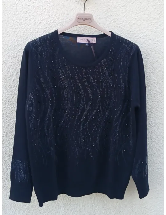 Black merino wool sweater with rhinestones embroidery by Piero Moretti