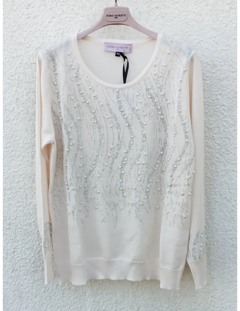 Milky white merino wool formal sweater by Piero Moretti
