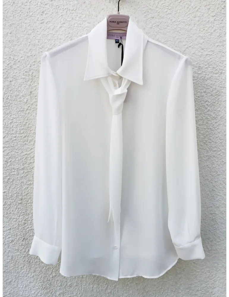 White Chiffon Blouse Shirt with Scarf – Piero Moretti