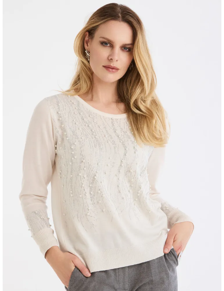 White merino wool formal sweater with rhinestones by Piero Moretti