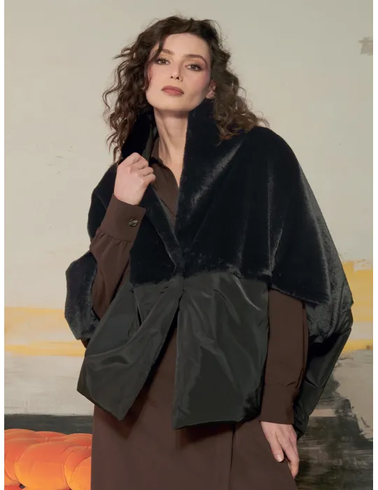 Black Reversible Cape Jacket with Fur by Mousse