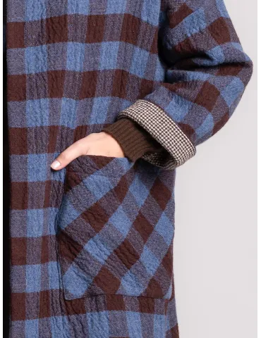Brown and Blue Checked Double-Fabric Duster Coat 2