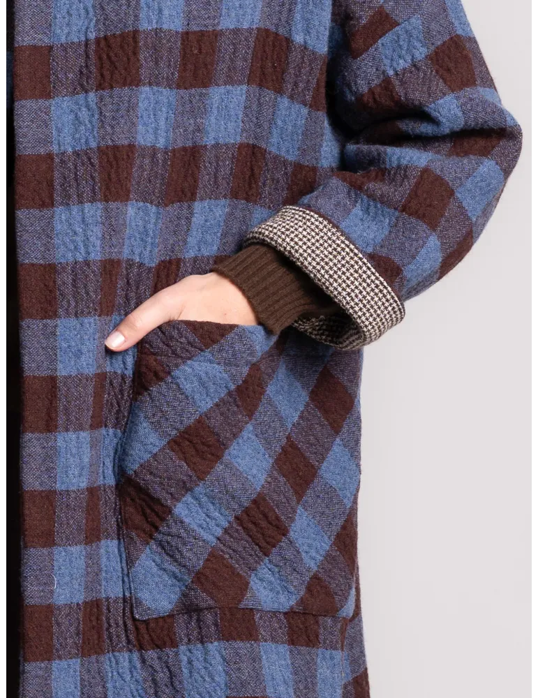 Brown and Blue Checked Double-Fabric Duster Coat