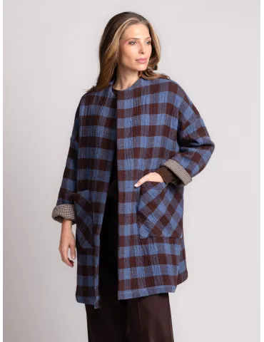 Brown and Blue Checked Double-Fabric Duster Coat