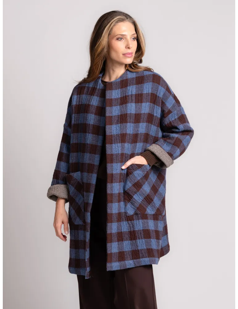Brown and Blue Checked Double-Fabric Duster Coat