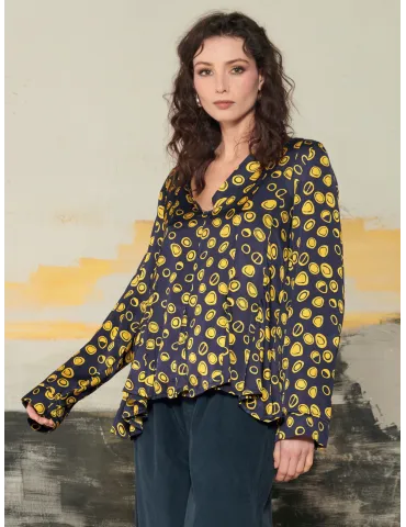 Blue Viscose Satin Blouse with Yellow Polka Dots by Mousse Plussize
