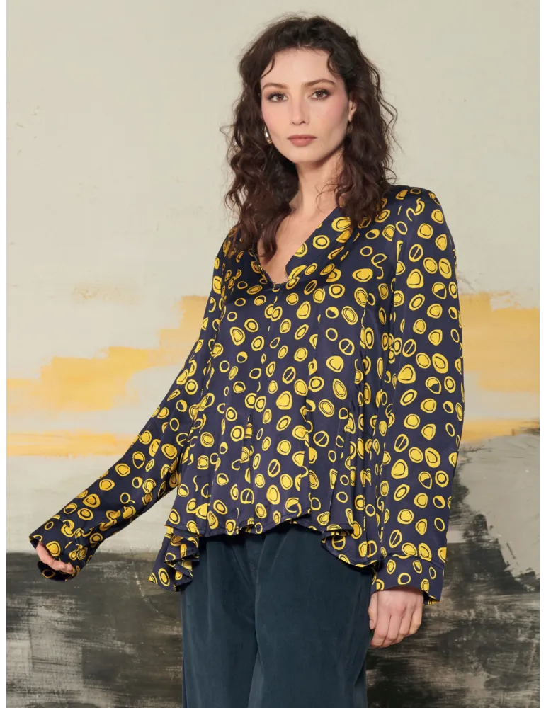 Blue Viscose Satin Blouse with Yellow Polka Dots by Mousse Plussize