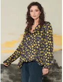 Blue Viscose Satin Blouse with Yellow Polka Dots