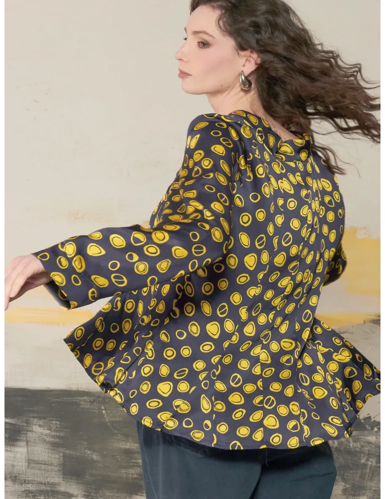 Blue Viscose Satin Blouse with Yellow Polka Dots by Mousse Plussize