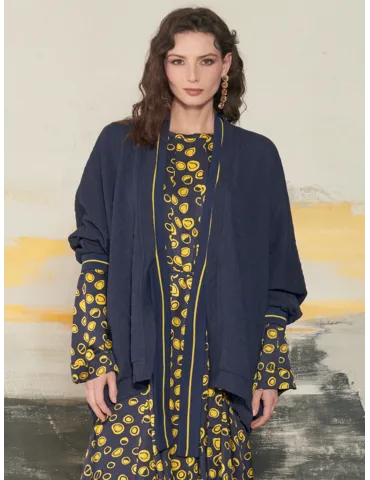 Long Blue Kimono Cardigan with Yellow Trim | Mousse Italian fashion
