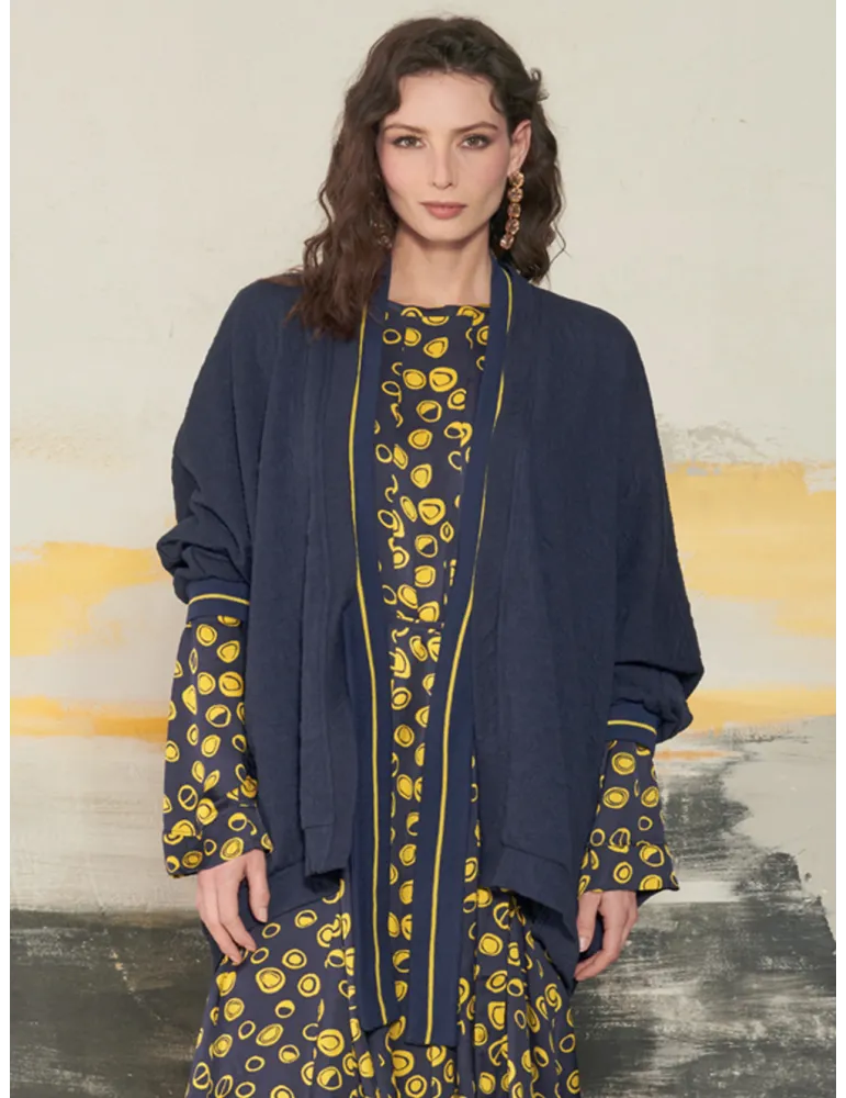 Long Blue Kimono Cardigan with Yellow Trim