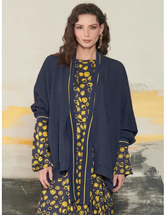 Long Blue Kimono Cardigan with Yellow Trim | Mousse Italian fashion