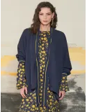 Long Blue Kimono Cardigan with Yellow Trim