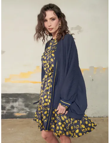 Long Blue Kimono Cardigan with Yellow Trim 2