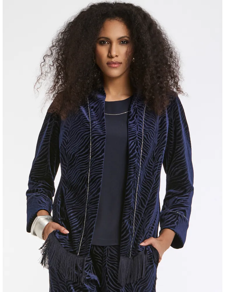 Piero Moretti Three-Piece Blue Devoré Velvet Suit with Piping and Fringes
