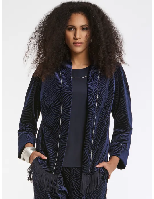 Piero Moretti Three-Piece Blue Devoré Velvet Suit with Piping and Fringes