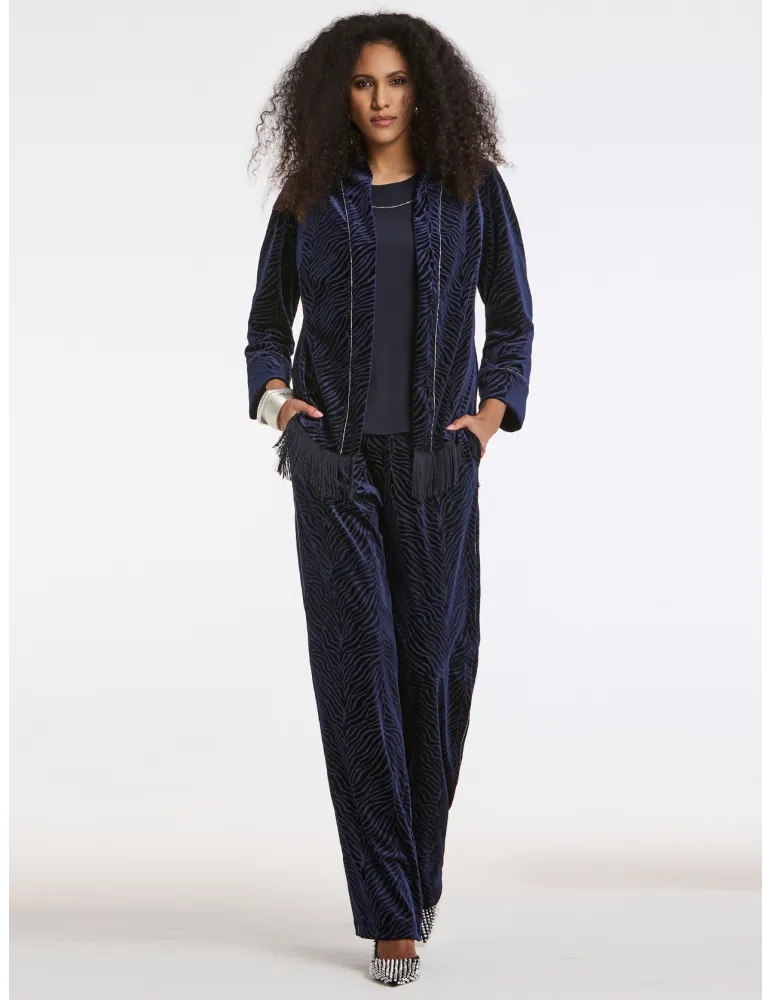 Piero Moretti Three-Piece Blue Devoré Velvet Suit with Piping and Fringes