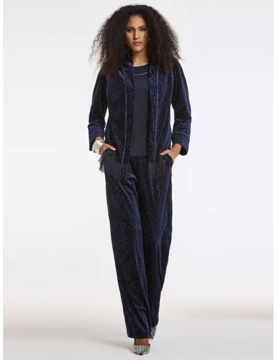 Piero Moretti Three-Piece Blue Devoré Velvet Suit with Piping and Fringes