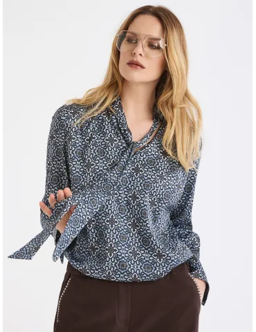 Piero Moretti Light blue Majolica printed Blouse with Scarf