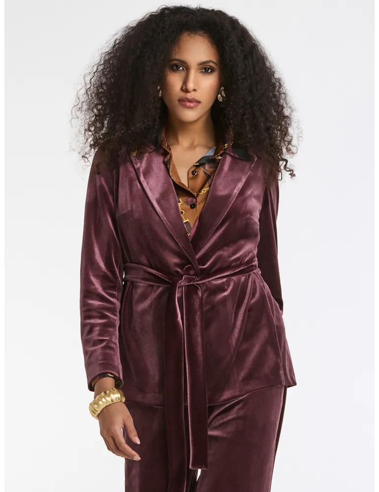 Piero Moretti burgundy velvet tuxedo jacket pantsuit