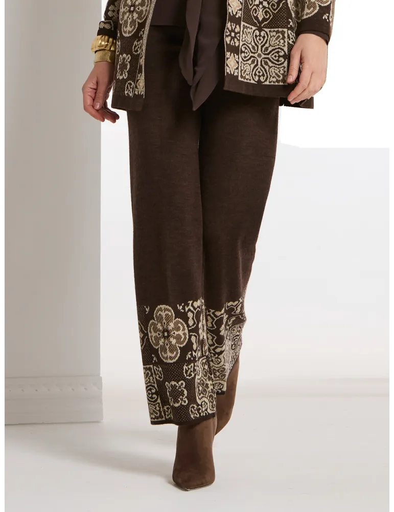 Pantaloni palazzo in lana marrone con intarsio maioliche Piero Moretti