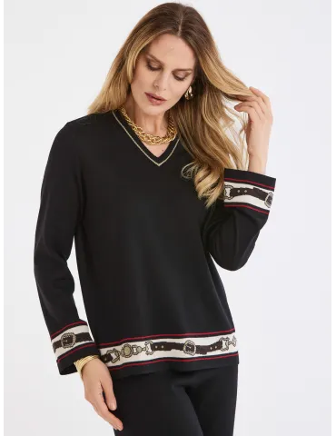 Piero Moretti black wool v-neck sweater with intarsia