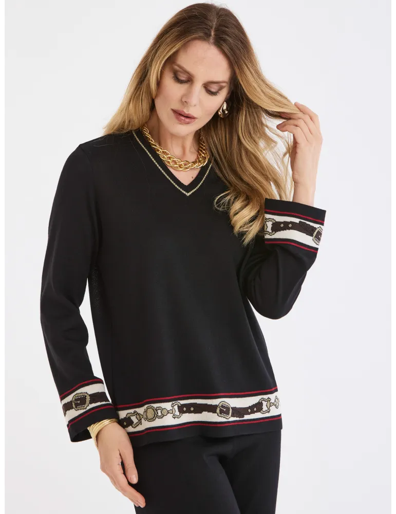 Maglia a V in lana nera con intarsi equitazione fino alla 52 P Moretti