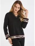 Maglia a V in lana nera con intarsi equitazione fino alla 52 P Moretti