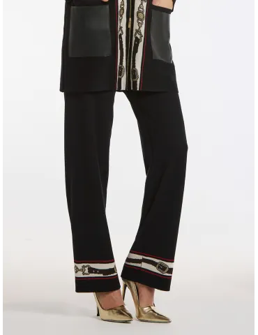 Piero Moretti Black Wool Jersey Palazzo Trousers with Intarsia Detail