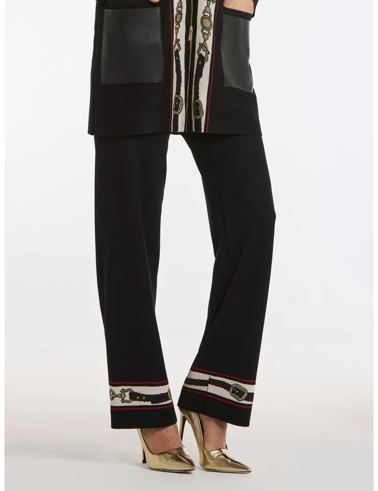 Piero Moretti Black Wool Jersey Palazzo Trousers with Intarsia Detail