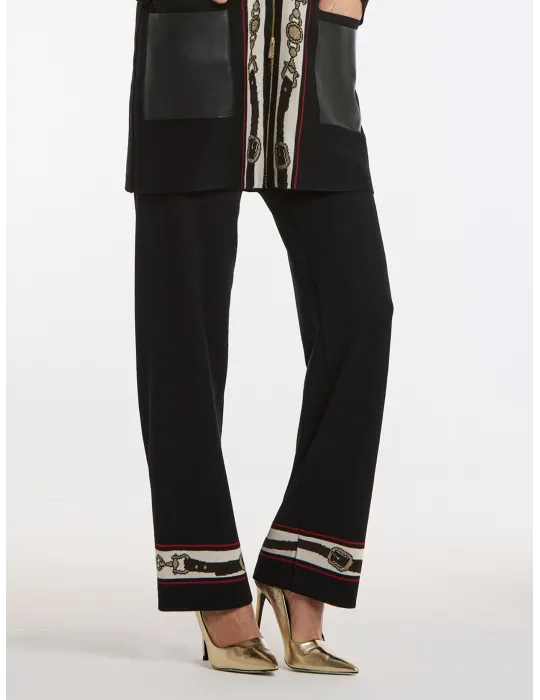 Piero Moretti Black Wool Jersey Palazzo Trousers with Intarsia Detail