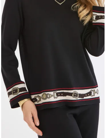 Maglia a V in lana nera con intarsi equitazione fino alla 52 P Moretti 2