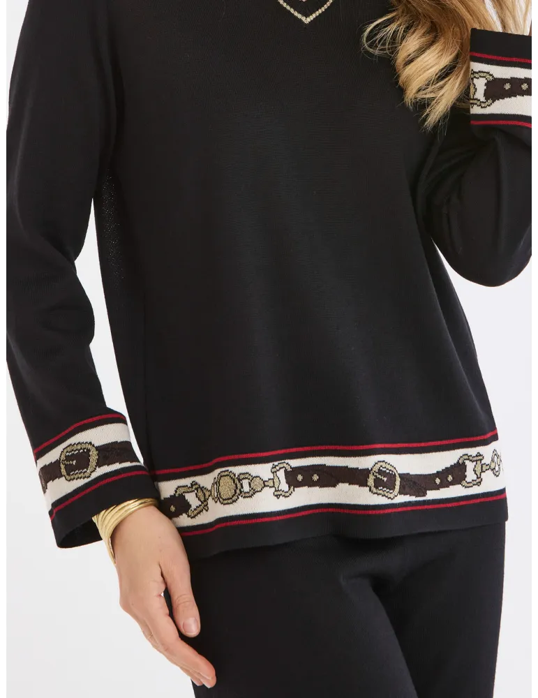 Maglia a V in lana nera con intarsi equitazione fino alla 52 P Moretti