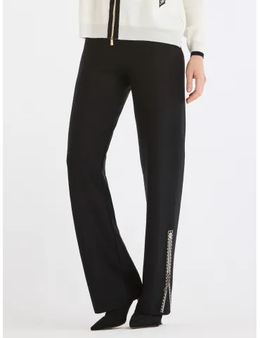 Black Wool Palazzo Trousers with Intarsia Detail