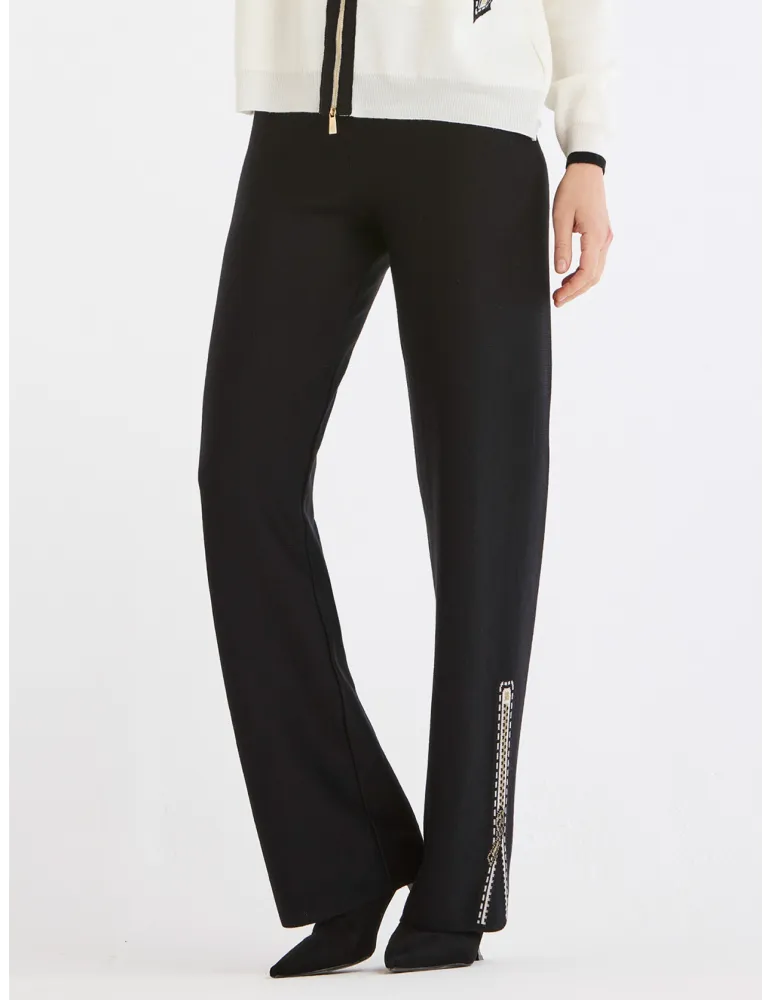 Piero Moretti Black Wool Jersey Palazzo Trousers with Intarsia Detail