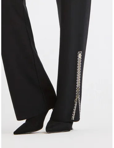 Piero Moretti Black Wool Jersey Palazzo Trousers with Intarsia Detail 2