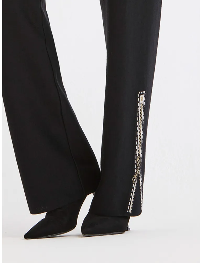 Black Wool Palazzo Trousers with Intarsia Detail