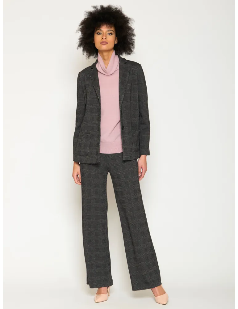 Prince of Wales Check Jersey Pants Suit with Rhinestones