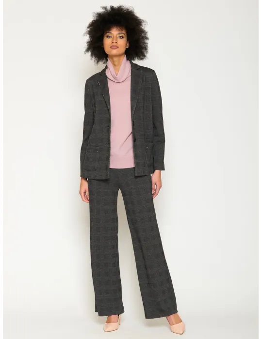 Plus size Grey Prince of Wales Check Jersey Pants Suit with Rhinestones