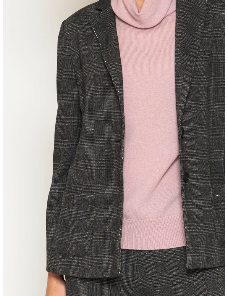 Prince of Wales Check Jersey Pants Suit with Rhinestones
