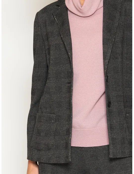 Plus size Grey Prince of Wales Check Jersey Pants Suit with Rhinestones