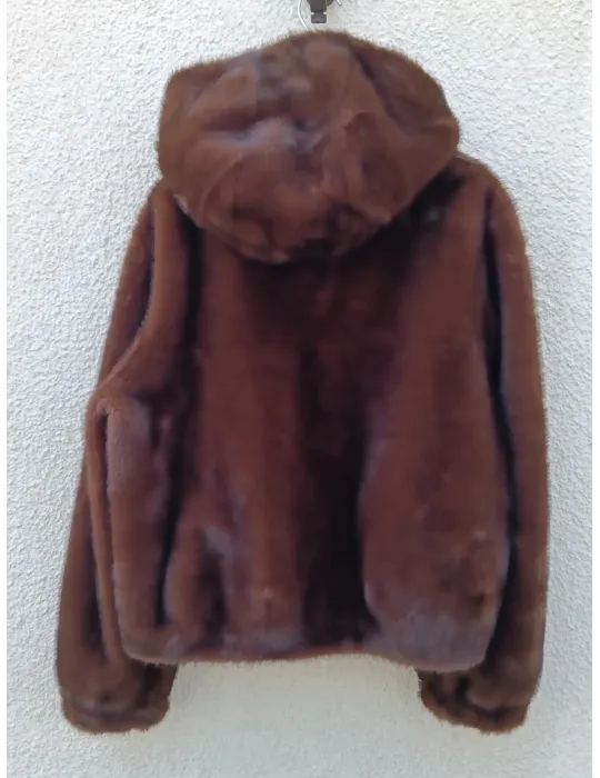 Brown Shearling-Effect Short Hooded Jacket - Faux fur bomber coat