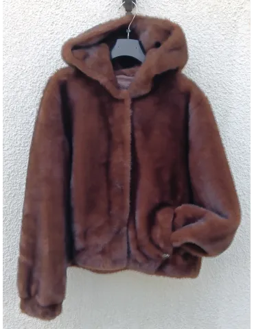 Brown Shearling-Effect Short Hooded Jacket - Faux fur bomber coat 2