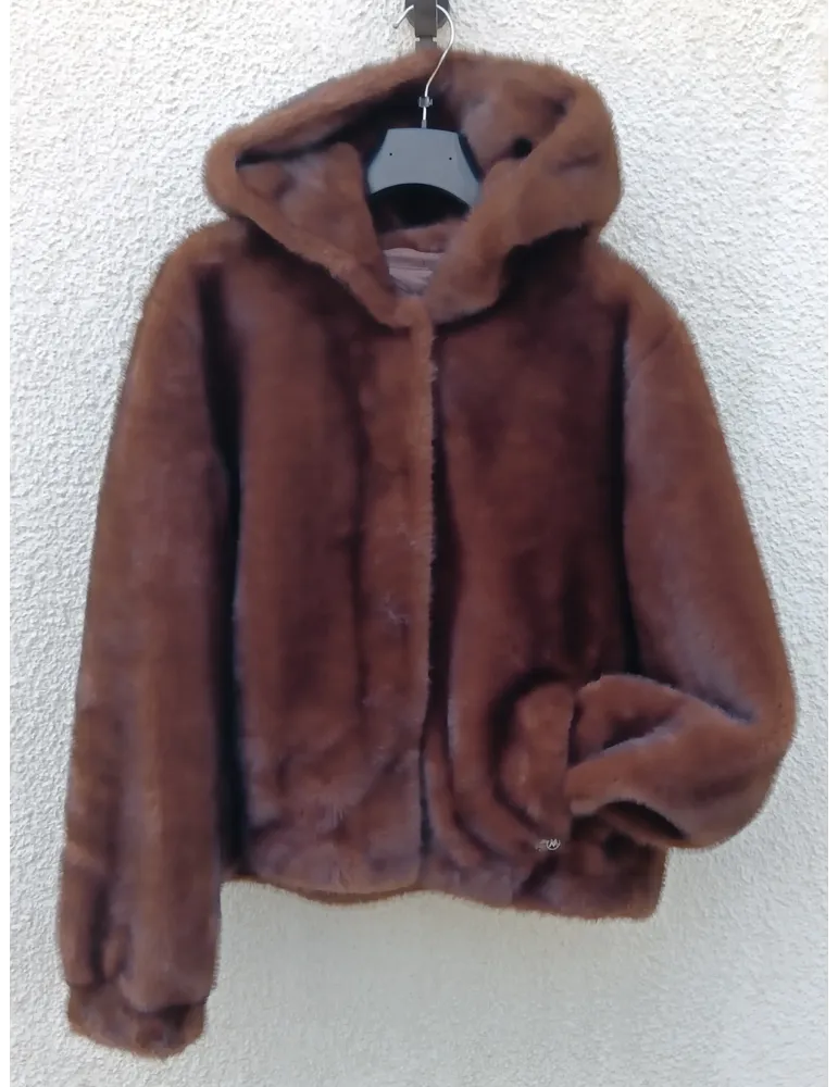Brown Shearling-Effect short Hooded Jacket