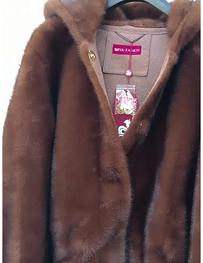 Brown Shearling-Effect short Hooded Jacket
