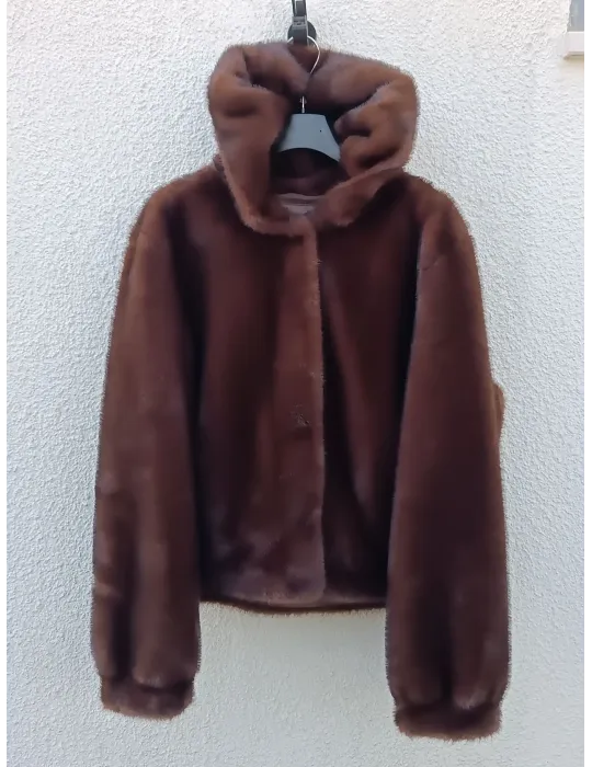 Brown Shearling-Effect short Hooded Jacket