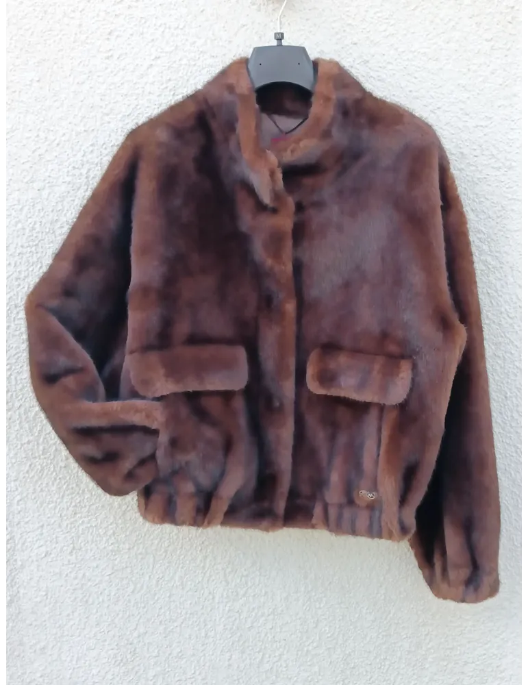 Brown Short Shearling-Effect Bomber Jacket